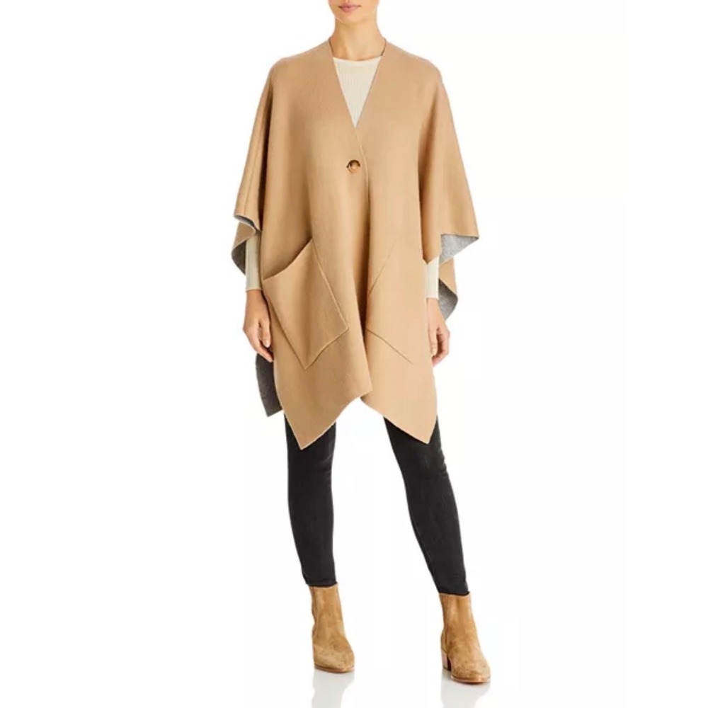 Vince Merino Wool Cashmere Blend Single Button Cape Camel Grey OS